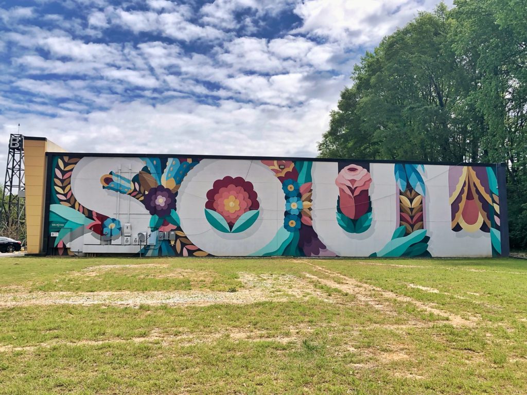 A mural is painted with the word SOUL with flowers alongside it, located in Grant Park in Atlanta, Georgia